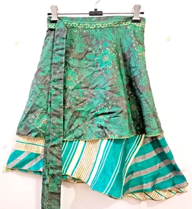 Art Silk Sari Bohemian L 21' Skirt 2 Layer Magic Wrap Mini Skirt Women's 2 Layer - Picture 1 of 7