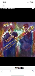 ORIGINAL SIGNIERTE REY ISIP JAZZ TROMPETE POSAUNE ZEITGENÖSSISCHE KUNST MALEREI - Bild 1 von 13