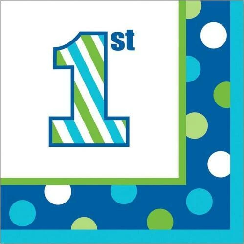 Sweet Stripes Boy Blue Polka Dot Cute 1st Birthday Party Paper Napkins (8 pack) - Image 1 of 1