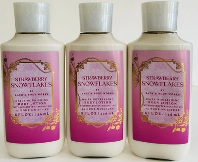 3 New Bath & Body Works STRAWBERRY SNOWFLAKES 8 FL Oz Shea Body Lotion Lot Set - Image 1 of 2