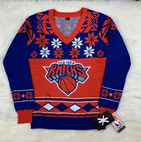 New York Knicks NBA V-Neck Fall Sweater Pullover Blue Orange, Women's S Cover