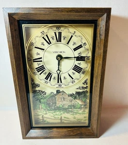 Vintage Harris Mallow Verichron Cabin Print Mantle Clock 1970 Wood Gold Cottage - Picture 1 of 6