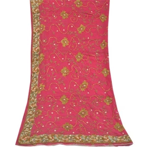 Sanskriti Vintage Dupatta Georgette Magenta Hand Beaded Zardozi Wrap Stole - Picture 1 of 12