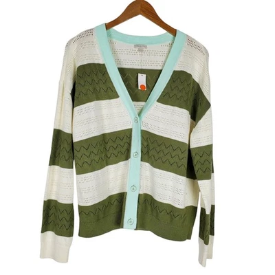 NEW Talbots Tipped Pointelle Cardigan Sweater Sz L Green Lightweight Long Sleeve - Image 1 of 4