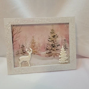 Impresión de Navidad con Ciervo y Árbol 3D Rosa Pueblo Roble 9'' x 7'' Hecho a Mano - Imagen 1 de 8