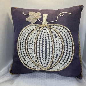 Pillow Embroidered Pumpkin Hopsack-Look Brown Rustic 17x17" EUC - Picture 1 of 6
