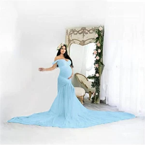 Women Maternity Dresses Photoshoot Off ShoulderTulle Photo Shoot Maxi Gown Slim - Picture 1 of 16