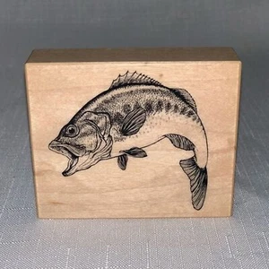 NWOT Vintage 1995 Retired Bass Jumping Fish Fishing Rubber Mounted Stamp Wood - Picture 1 of 5