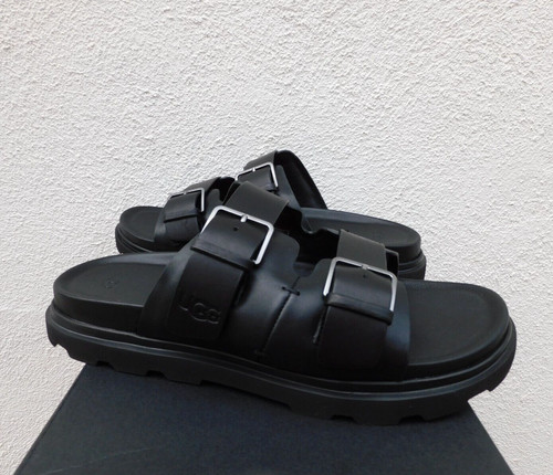 UGG SANDALI SLIDE IN PELLE NERA CON FIBBIA CAPITOLA UOMO US 11 EUR 44 ~NUOVI CON SCATOLA