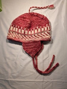 Hand Knit 100% Wool Beanie Trapper Hat Ear Flaps Pink heather & white Tassels - Picture 1 of 6