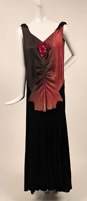 UNUSUAL LATE 1920’S RED TO BLACK OMBRE LAME DRESS W SILK VELVET - Image 1 of 4