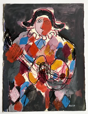 Gouache Arlequin la guitare Pierre BOSCO musique Commedia dell'arte Italie 1960 - Photo 1/4