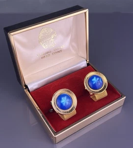 Blue Star Cabochon Wrap Around Cufflinks Gold Tone Florentine Round NOS Vintage - Picture 1 of 7