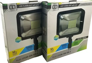 (2) LLT LED Floodlights LFCOM-50N-50B-A w/ Pivot Arm 50W 5000k Daylight - Picture 1 of 4