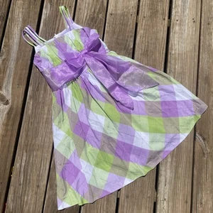 Bonnie Jean Girls Checkered Green Purple Dress Size 12 Tie Back Bow - Picture 1 of 6