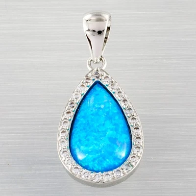 15x9mm Pear Ocean Blue Fire Opal Cabochon CZ Silver Jewelry Necklace Pendant - Image 1 of 4