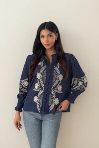 Women's Casual Oversized Floral Embroidery Beaded Ruffle Long Sleeves Blouse Top - Picture 1 of 20