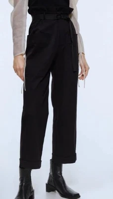 Zara L Black Belted Pants Ruffle Waist Paperbag Patch Pockets Cuffed Crop - Image 1 of 4