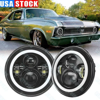 Par de faros LED de 7 pulgadas aptos para Chevy II/Nova 1969-1979 haz de halo alto-bajo Foto 1 de 4