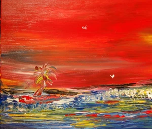 PAESAGGIO MARE POP ART DIPINTO IMPASTO TELA ASTRATTA ORIGINALE FOG7T - Foto 1 di 5
