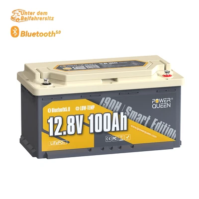 Power Queen 12V 100Ah 190H Smart Bluetooth LiFePO4 Batterie 1280Wh für Wohnmobil