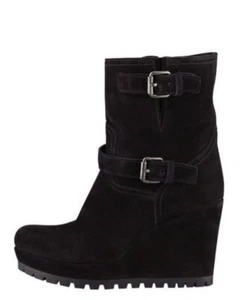 PRADA 37 Black Suede Double Buckle Platform Wedge Ankle Boots NEW - Picture 1 of 5