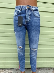 Neu Zara Man blau schmale Jeans leicht gewaschen Distressed Rip Seitenstreifen 32 x 27 4755  - Bild 1 von 5