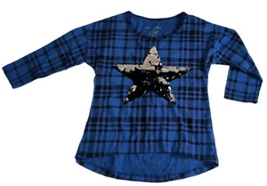 One Step Up Girls Causal Check Top Sequin Star Round Neck Blue Size S(7/8) G001 - Picture 1 of 4