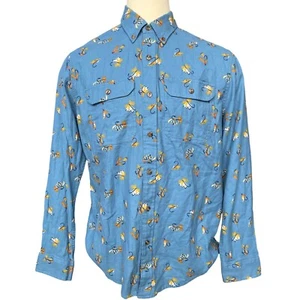 Long Sleeve Printed Flannel Men Button Down Shirt, Blue Fly Fishing, Sz L - Picture 1 of 6