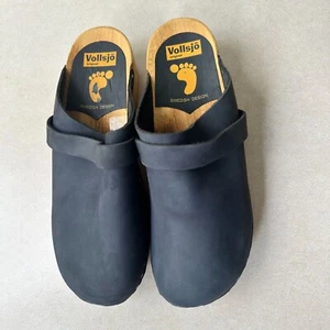 Vollsjo Women's Black Genuine Leather Wooden Clogs Shoes Size 43 - Picture 1 of 9