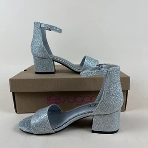 Sugar Noelle Low Dress Sandals Womens 6 M Silver Glitter Ankle Strap Shoes NWB - Picture 1 of 12
