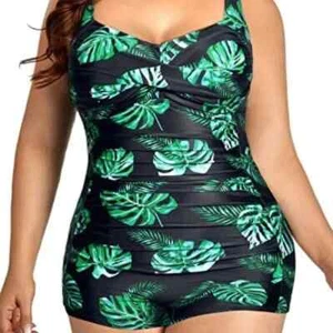 Plus Size Boyleg Bathing Suits Tummy Control-Black and Green Leaf - Picture 1 of 3
