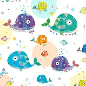 QUILTING TREASURES SEA BUDDIES COLOURFUL WHALES ON WHITE 100% COTTON FAT QUARTER - Picture 1 of 1