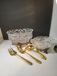 Vintage elegante Kristallschale auf Metallsockel mit passender kleiner Schale und Utensilien - Bild 1 von 8