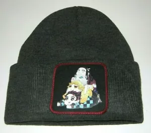 Demon Slayer Themed 3" Patch With Characters Dark Gray Knit Winter Beanie - Picture 1 of 2