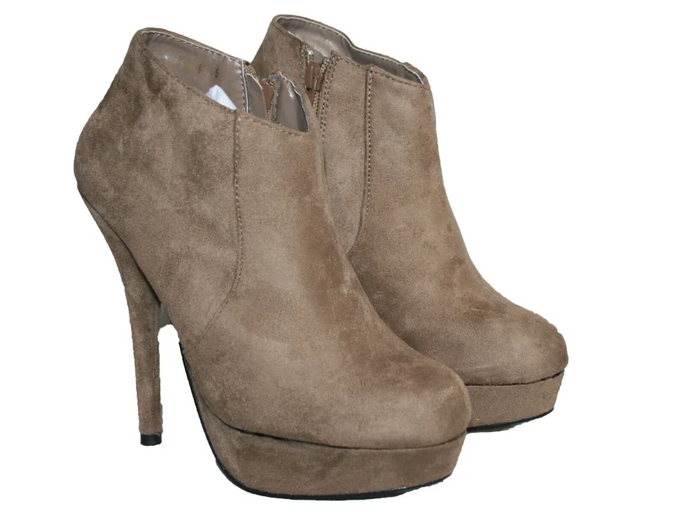 LADIES FAUX SUEDE KITTEN HEEL PLATFORM BOOTIE SHOE BOOT TAUPE SIZES 4 - 8