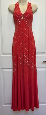 Niki Livas Sexy Coral Orange w/ Silver Beads + Sequins Dress Gown Wedding Prom 6 - Image 1 of 4