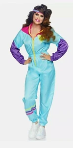 80's Blue Tracksuit Womens Costume Track Suit Jacket Pants Retro Headband Sz M/L - Picture 1 of 3