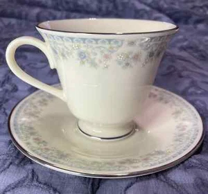 Lenox Columbine Cup & Saucer Set Blue Flowers Platinum Trim USA Vintage Footed - Picture 1 of 7