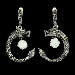 925 Sterling Silver Earrings Flower Carving Mop Marcasite Gemstone Jewelry - Picture 1 of 9