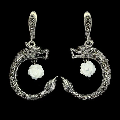 Pendientes de plata de ley 925 talla de flores mopa marcasita piedras preciosas joyería Foto 1 de 4