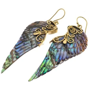 Exquisite Paua Abalone Shell Wing Hand Carving Brass Filigree Earrings, 2 1/2" - Picture 1 of 4