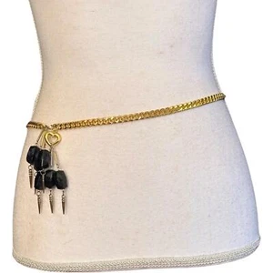 Vintage Gold Chain Belt With Black Dangling Beads And Metal Spikes - Picture 1 of 3