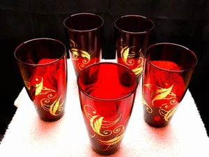Red Glasses w/Gold accents 6" High - Set of 5 - Picture 1 of 2