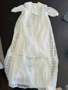 Vintage Handmade Baby Heirloom Lace Christening Baptism Long Gown Blue Ribbons - Picture 1 of 15