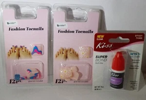 2 Pkg Fashion TOENAILS Get 2 Types 12ct Each & 1 Pkg Of Super Bond Nail Glue - Picture 1 of 1