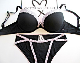 VICTORIA'S SECRET PINK Super Push-Up Bra Set 34B 36B 38B 38C 38D 40C 40D Black