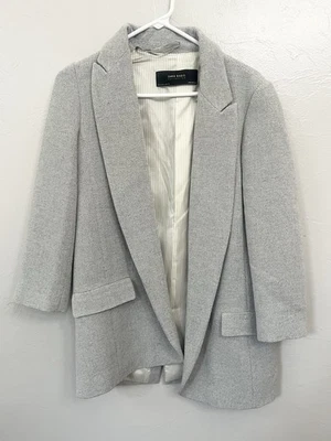 Chaqueta Blazer Zara Gris Texturizado Forrado Abierto Cuello Chal Talla Pequeña S Viaje Foto 1 de 4