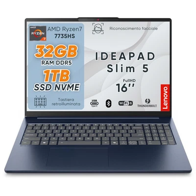 Lenovo Ideapad slim5 Blue, Ryzen7 7735HS, DDR5 32Gb, 16.0 FHD+, SSD 1TB,Win11 - Immagine 1 di 4