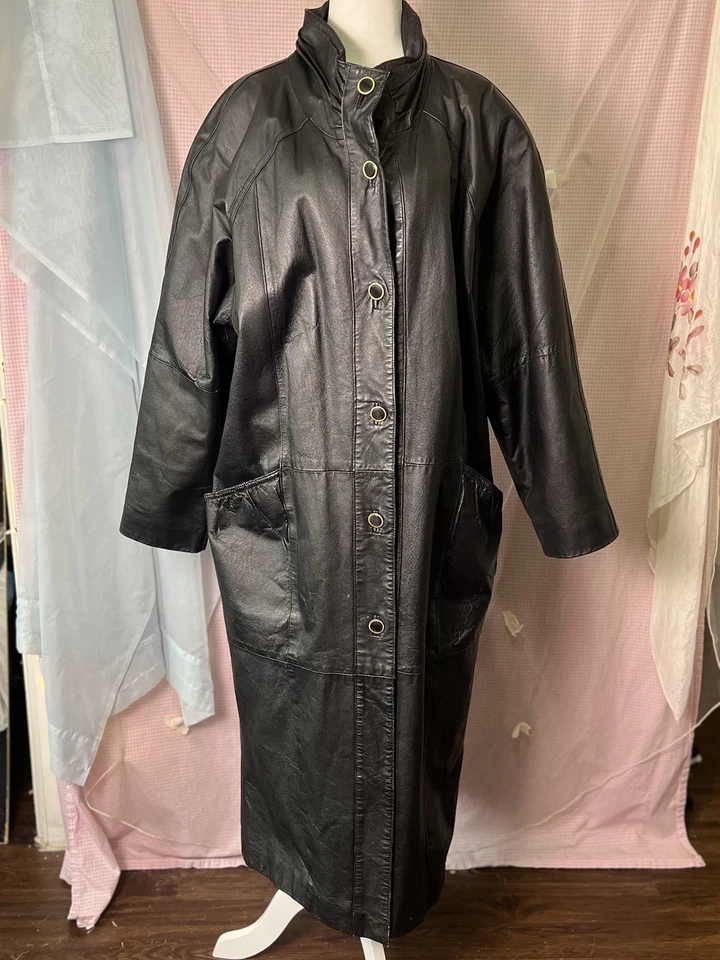gabardina larga vintage de cuero negro largo botón delantero años 80 90 talla m Foto 1 de 4